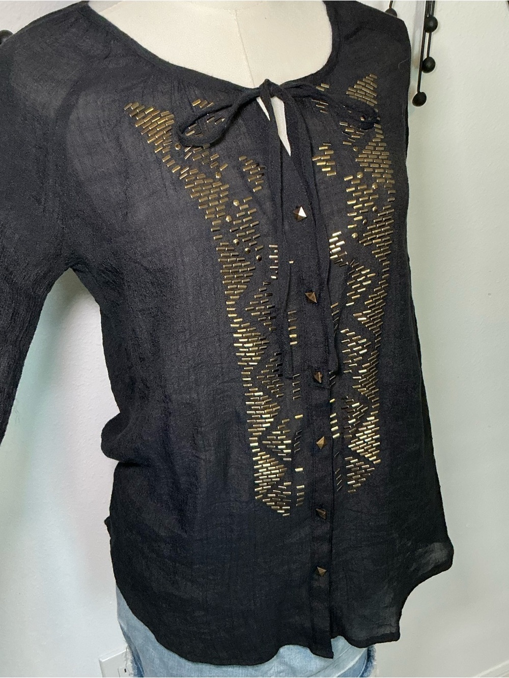 Black Boho Sheer Embellished Tie Front Blouse Size Medium - Picture 3 of 4